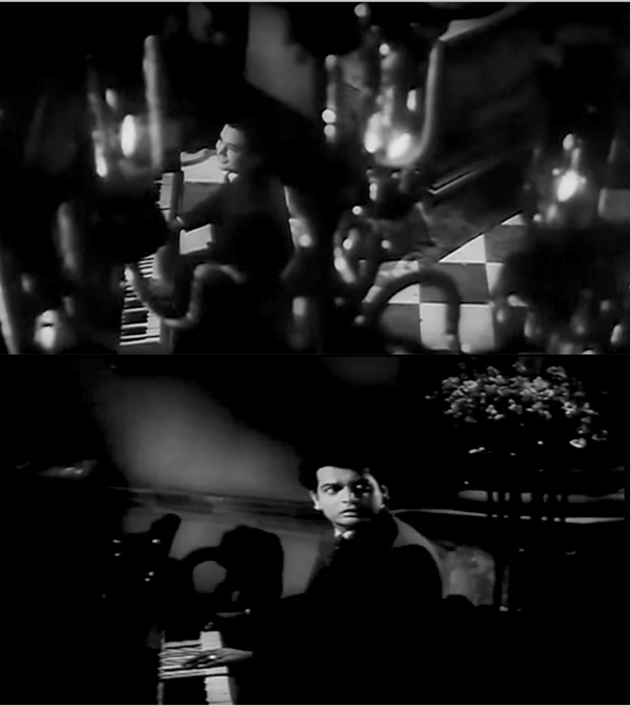 "Kahin Deep Jale" opens with a beautifully framed overhead shot of Biswajeet playing the piano moodily, literally engulfed by the flames in the chandelier (above). The camera then floats to eye level as he hears the sound of a woman singing in the distance (below). 